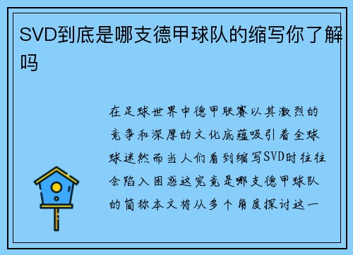 SVD到底是哪支德甲球队的缩写你了解吗