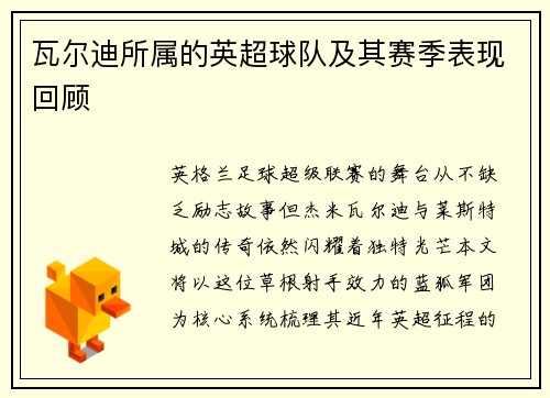 瓦尔迪所属的英超球队及其赛季表现回顾