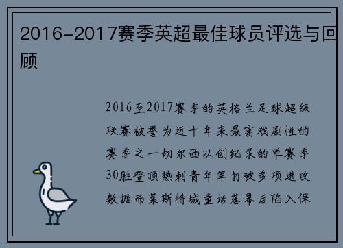 2016-2017赛季英超最佳球员评选与回顾